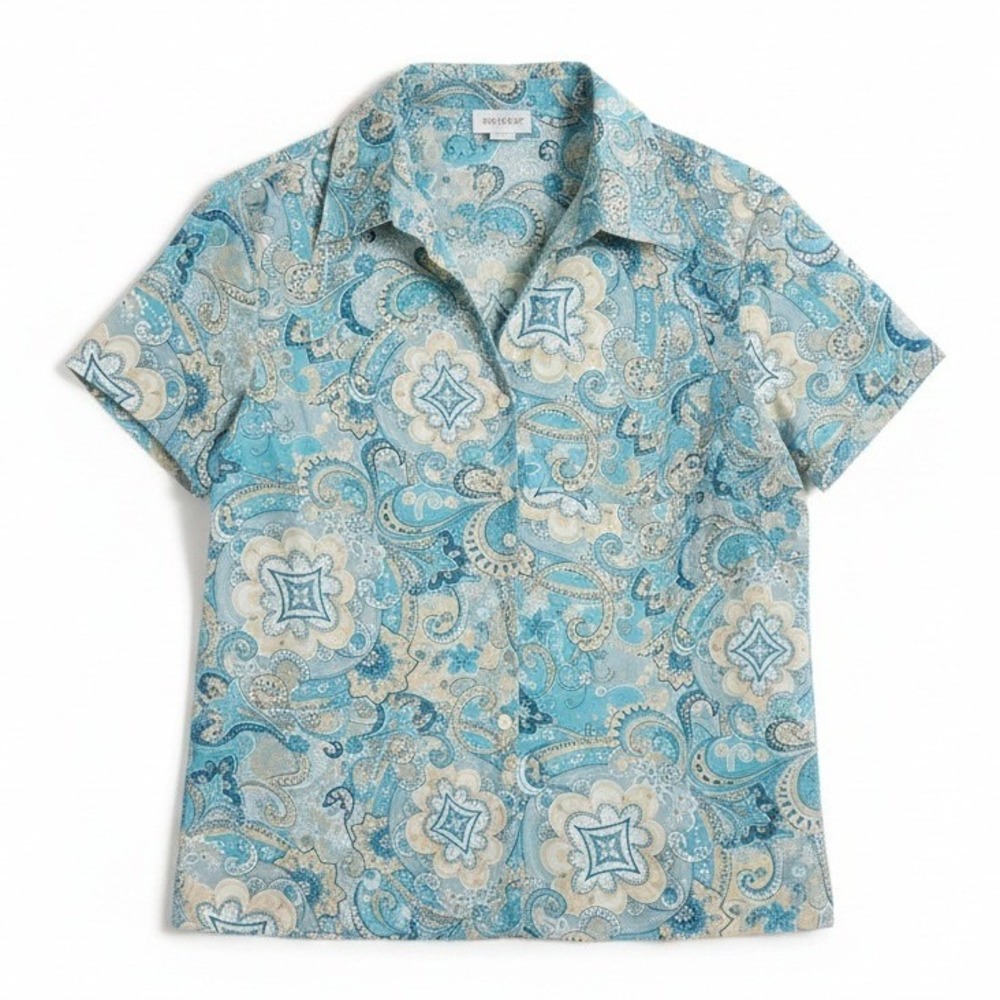 Worthington Stretch Blue Paisley Short Sleeve Button Up, Women's 1X Shirt